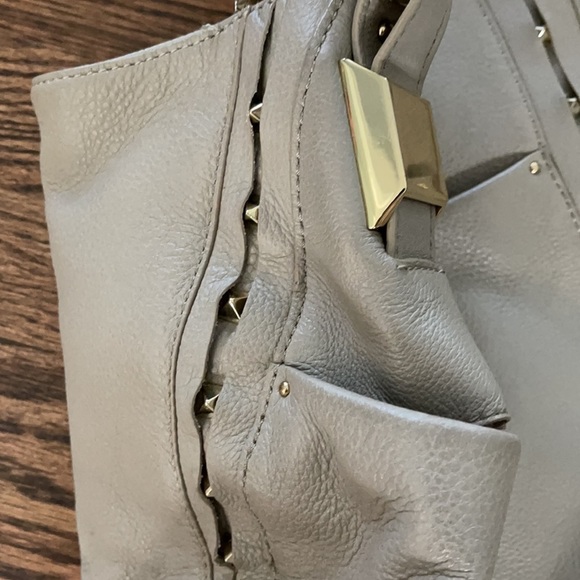 VINCE CAMUTO TAUPE & GOLD STUDDED HANDBAG - Picture 8 of 14